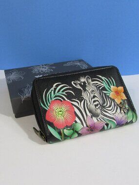 Anuschka hand painted Zebra floral trifold wallet colorful design